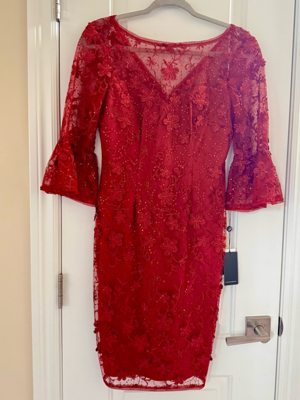 Adrianna Papell Floral Sequin Embroidered Lace Cocktail Dress 2 Pink Bell Sleeve - Picture 6 of 14